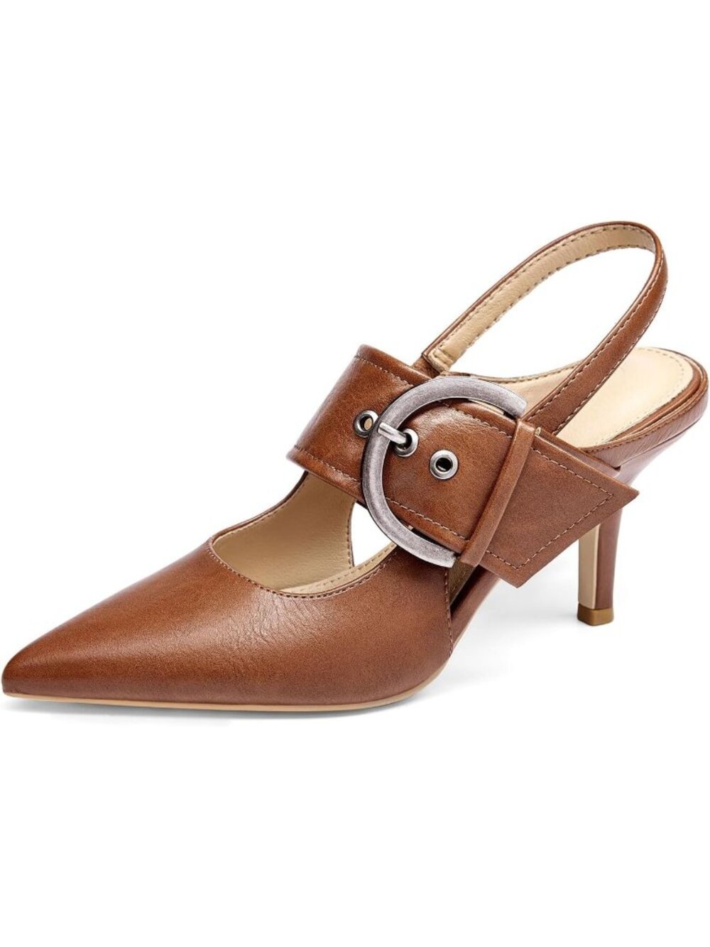 Women's Brown Slingback Pumps Pointed Toe High Heels Belt Buckle Strap Shoes